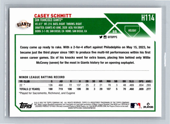 Casey Schmitt 2023 Topps Holiday Baseball #H114 San Francisco Giants