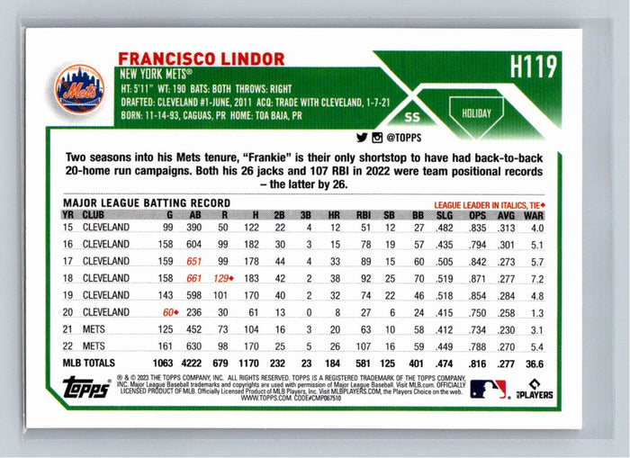 Francisco Lindor 2023 Topps Holiday Baseball #H119 New York Mets