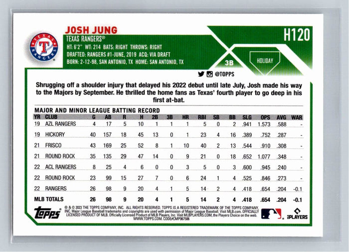 Josh Jung RC 2023 Topps Holiday Baseball #120 Texas Rangers