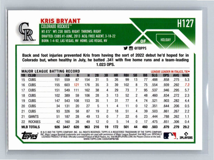 Kris Bryant 2023 Topps Holiday Baseball #H127 Colorado Rockies