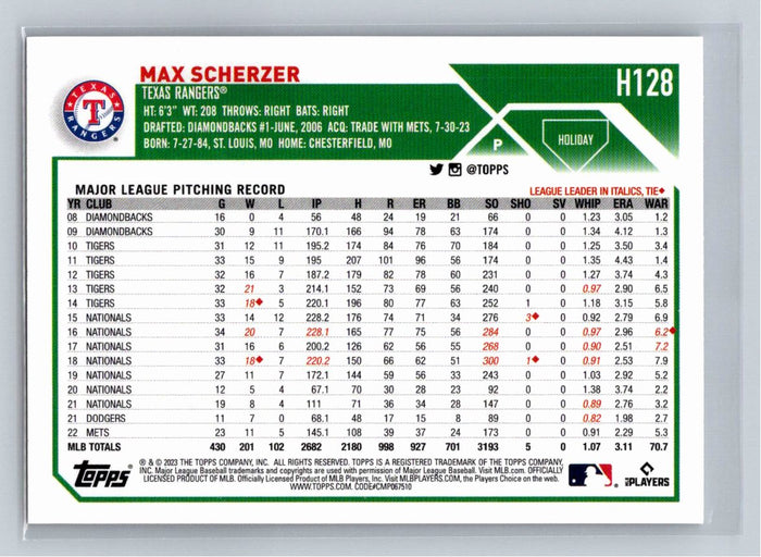 Max Scherzer 2023 Topps Holiday Baseball #H128 Texas Rangers