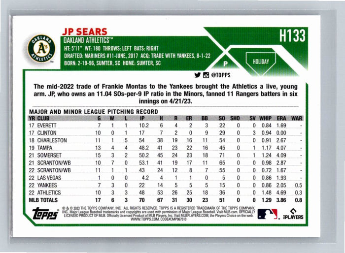 JP Sears 2023 Topps Holiday Baseball #H133 Oakland Athletics