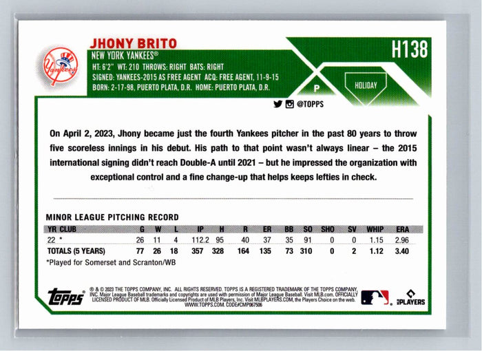 Jhony Brito RC 2023 Topps Holiday Baseball #H138 New York Yankees