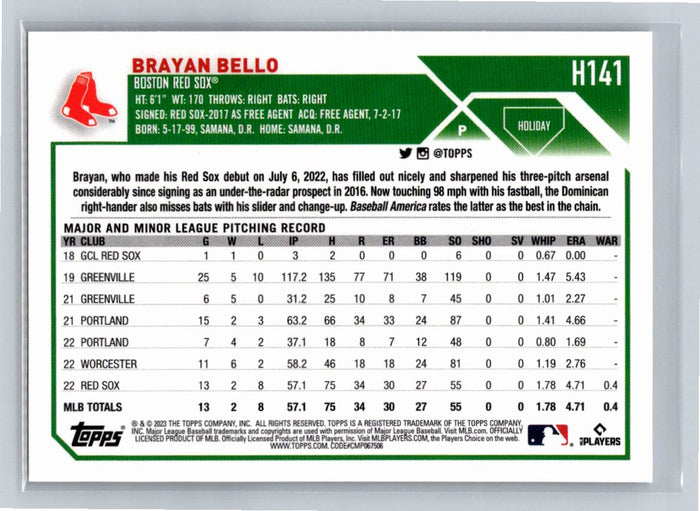 Brayan Bello RC 2023 Topps Holiday Baseball #H141 Boston Red Sox