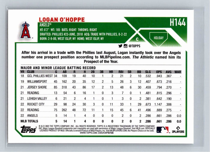 Logan O'Hoppe RC 2023 Topps Holiday Baseball #H144 Los Angeles Angels