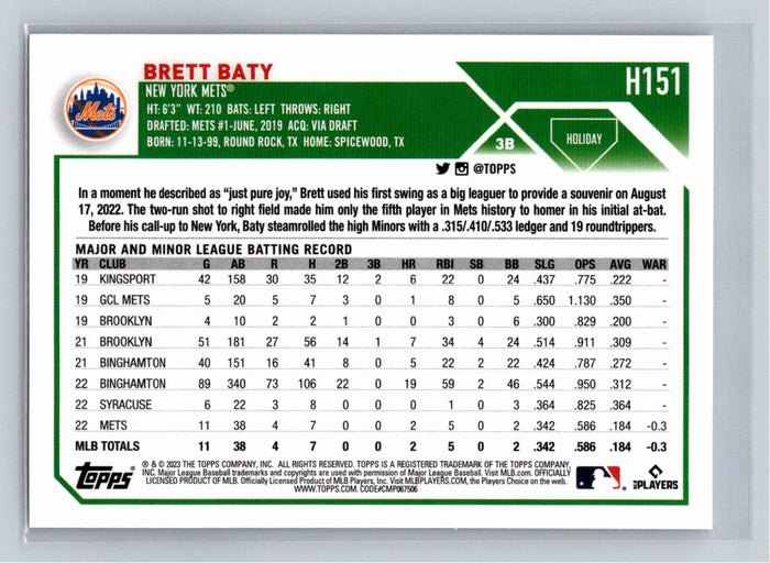 Brett Baty RC 2023 Topps Holiday Baseball #H151 New York Mets