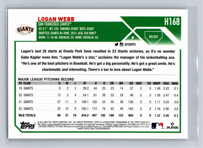 Logan Webb 2023 Topps Holiday Baseball #H168 San Francisco Giants