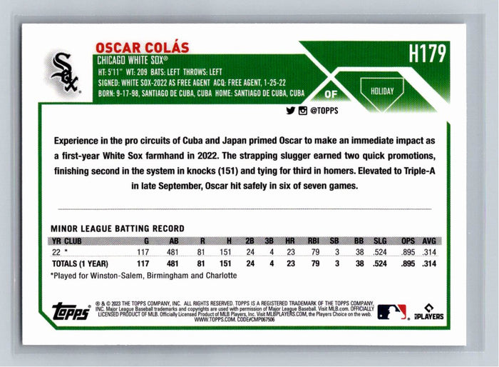 Oscar Colas RC 2023 Topps Holiday Baseball #H179 Chicago White Sox