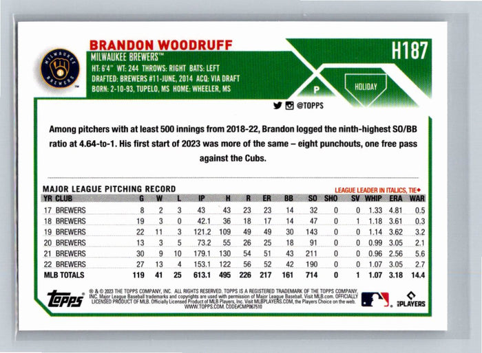 Brandon Woodruff 2023 Topps Holiday Baseball #H187 Milwaukee Brewers