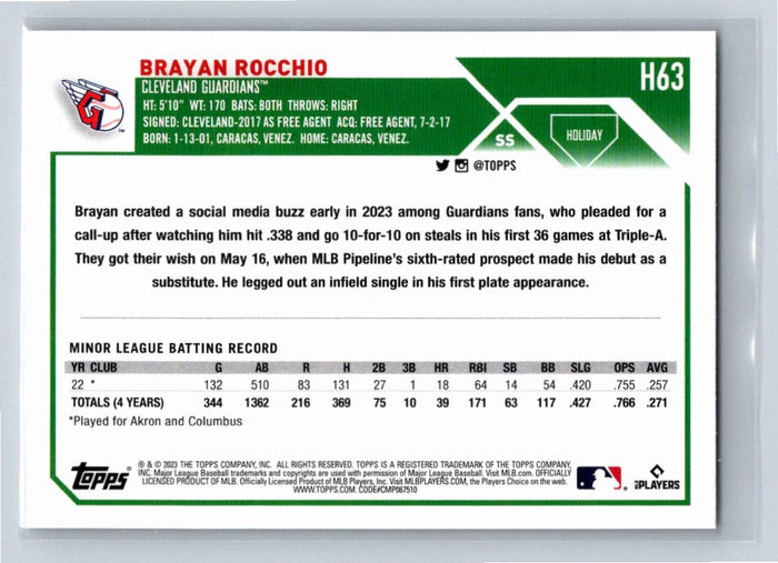 Bryan Rocchio RC 2023 Topps Holiday Baseball #H63 Cleveland Guardians