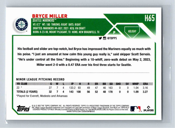 Bryce Miller RC 2023 Topps Holiday Baseball #H65 Seattle Mariners