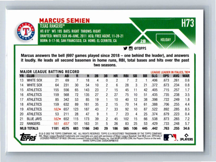 Marcus Semien 2023 Topps Holiday Baseball #H73 Texas Rangers