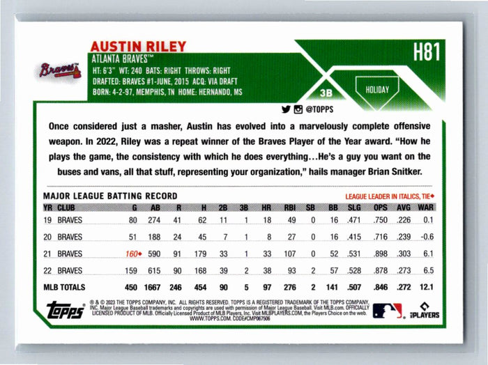 Austin Riley 2023 Topps Holiday Baseball #81 Atlanta Braves