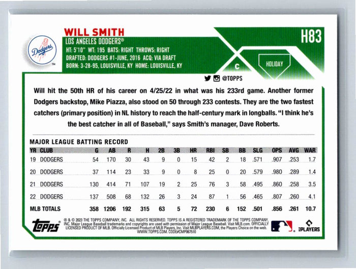 Will Smith 2023 Topps Holiday Baseball #83 Los Angeles Dodgers