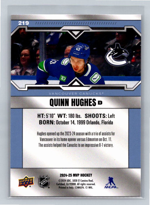 Quinn Hughes 2024/25 Upper Deck MVP #219 Vancouver Canucks Short Print