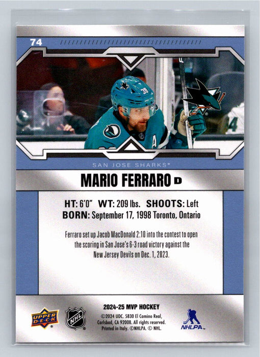 Mario Ferraro 2024/25 Upper Deck MVP #74 San Jose Sharks