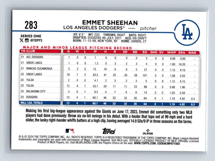 Emmet Sheehan RC 2024 Topps Series 1 #283 Los Angeles Dodgers