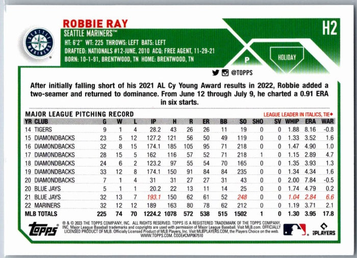 Robbie Ray 2023 Topps Holiday Baseball #H2 Seattle Mariners