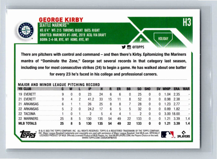 George Kirby 2023 Topps Holiday Baseball #H3 Seattle Mariners