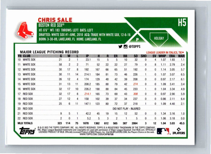 Chris Sale 2023 Topps Holiday Baseball #H5 Boston Red Sox