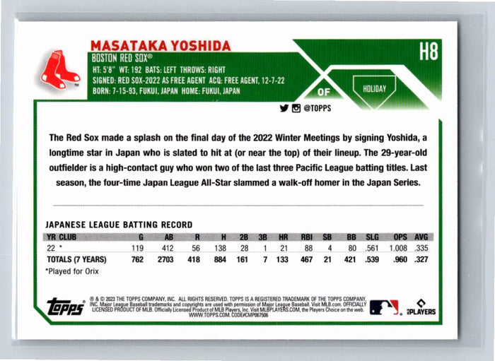 Masataka Yoshida 2023 Topps Holiday Baseball #H8 RC Boston Red Sox