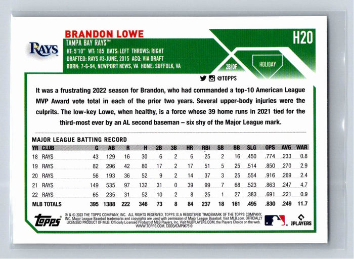 Brandon Lowe 2023 Topps Holiday Baseball #H20 Tampa Bay Rays