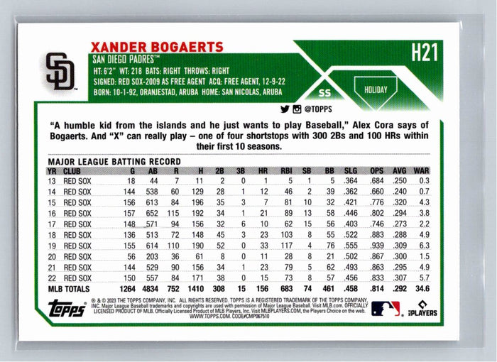 Xander Bogaerts 2023 Topps Holiday Baseball #H21 Boston Red Sox