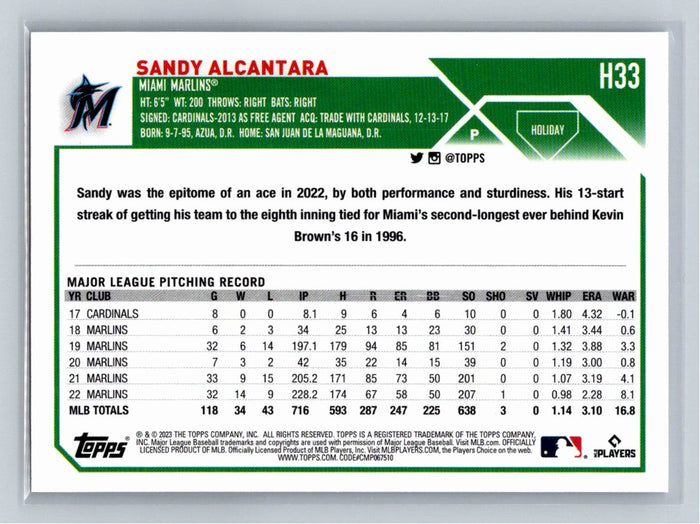 Sandy Alcantara 2023 Topps Holiday Baseball #H33 Miami Marlins