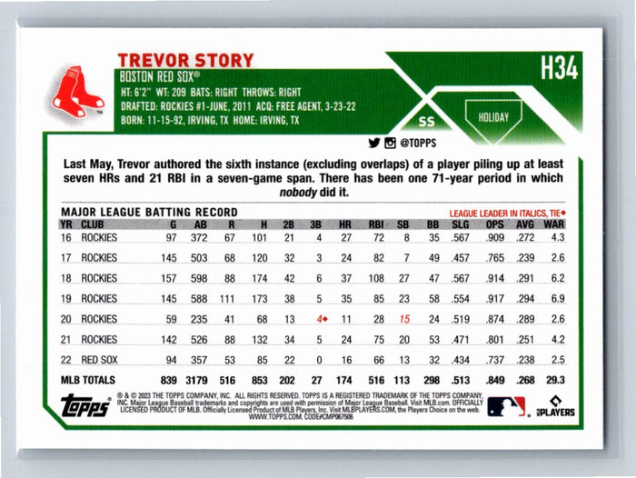 Trevor Story 2023 Topps Holiday Baseball #H34 Boston Red Sox