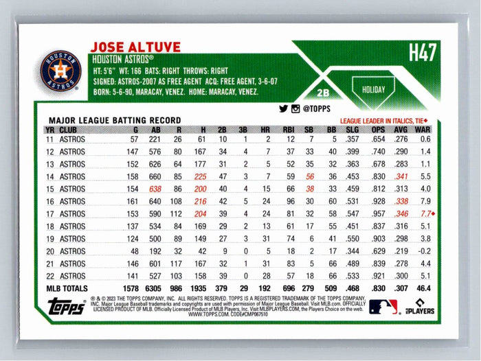 Jose Altuve 2023 Topps Holiday Baseball #H47 Houston Astros 2B