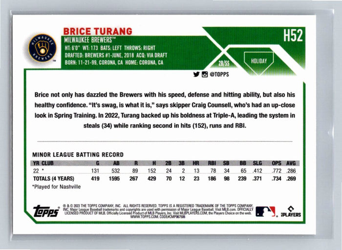 Brice Turang RC 2023 Topps Holiday Baseball #H52 Milwaukee Brewers