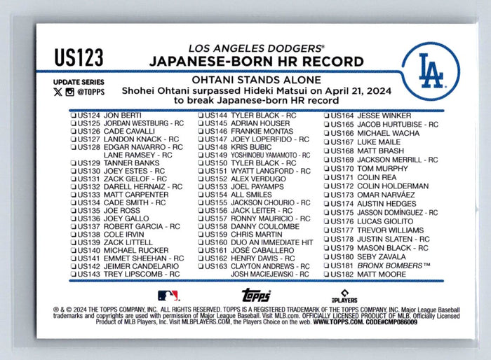 Shohei Ohtani 2024 Topps Update #US123 LA Dodgers