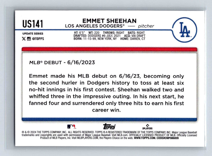 Emmet Sheehan RC 2024 Topps Update #US141 LA Dodgers