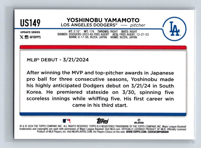 Yoshinobu Yamamoto RC 2024 Topps Update #US149 LA Dodgers