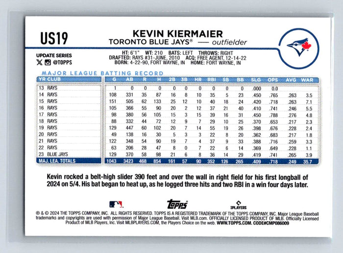 Kevin Kiermaier #US19 2024 Topps Update Toronto Blue Jays