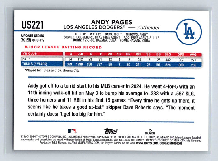 Andy Pages RC 2024 Topps Update #US221 LA Dodgers