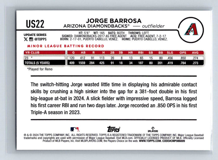 Jorge Barrosa RC 2024 Topps Update #US22 Arizona Diamondbacks