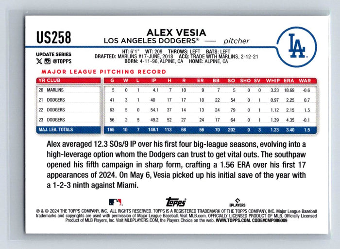 Alex Vesia 2024 Topps Update #US258 LA Dodgers