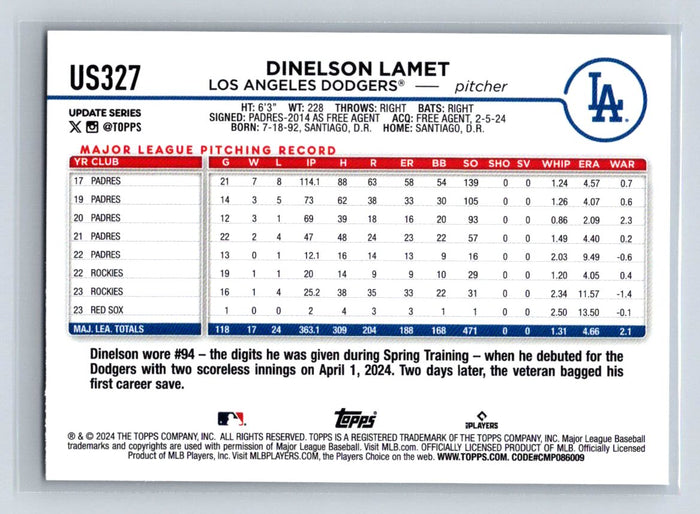 Dinelson Lamet 2024 Topps Update #US327 LA Dodgers