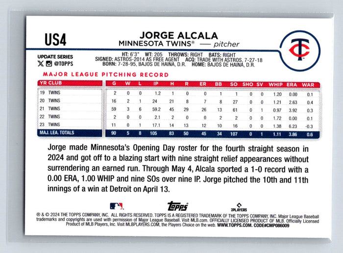 Jorge Alcala #US4 2024 Topps Update Minnesota Twins