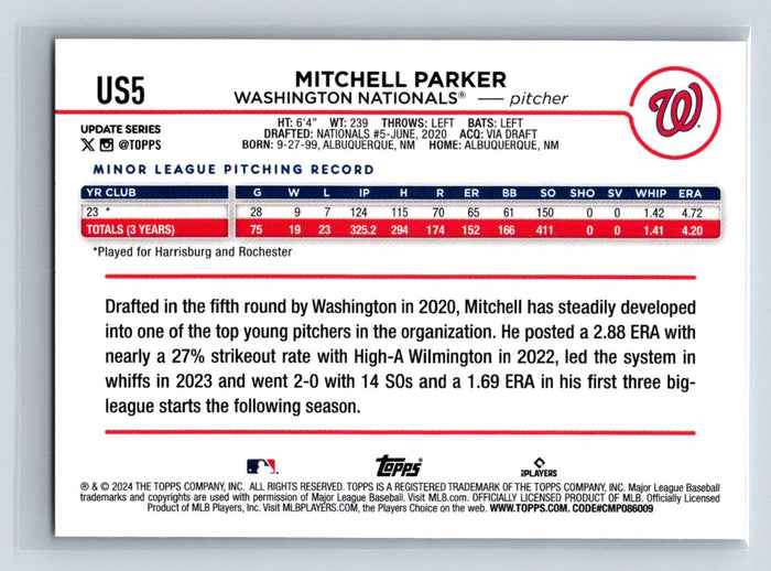 Mitchell Parker #US5 RC 2024 Topps Update Washington Nationals